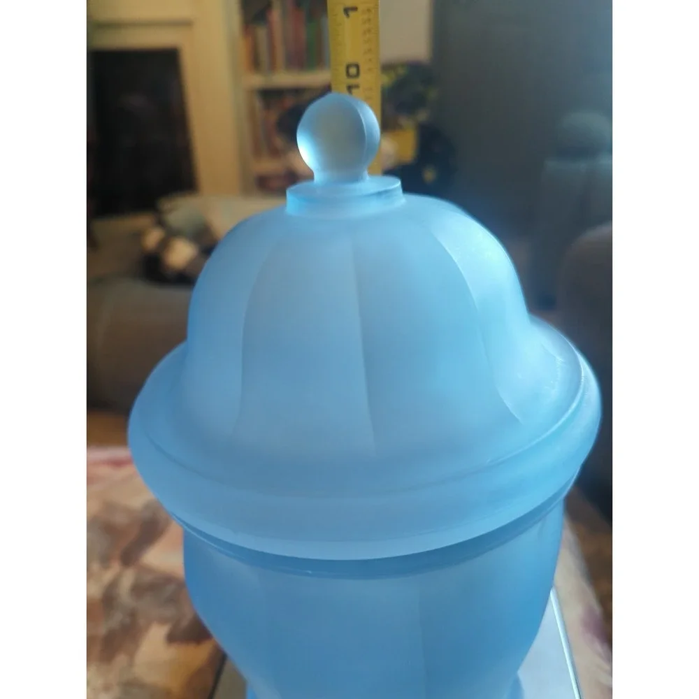 Vintage INDIANA GLASS Satin Frosted Blue Glass Apothecary Jar with Lid 10 inches